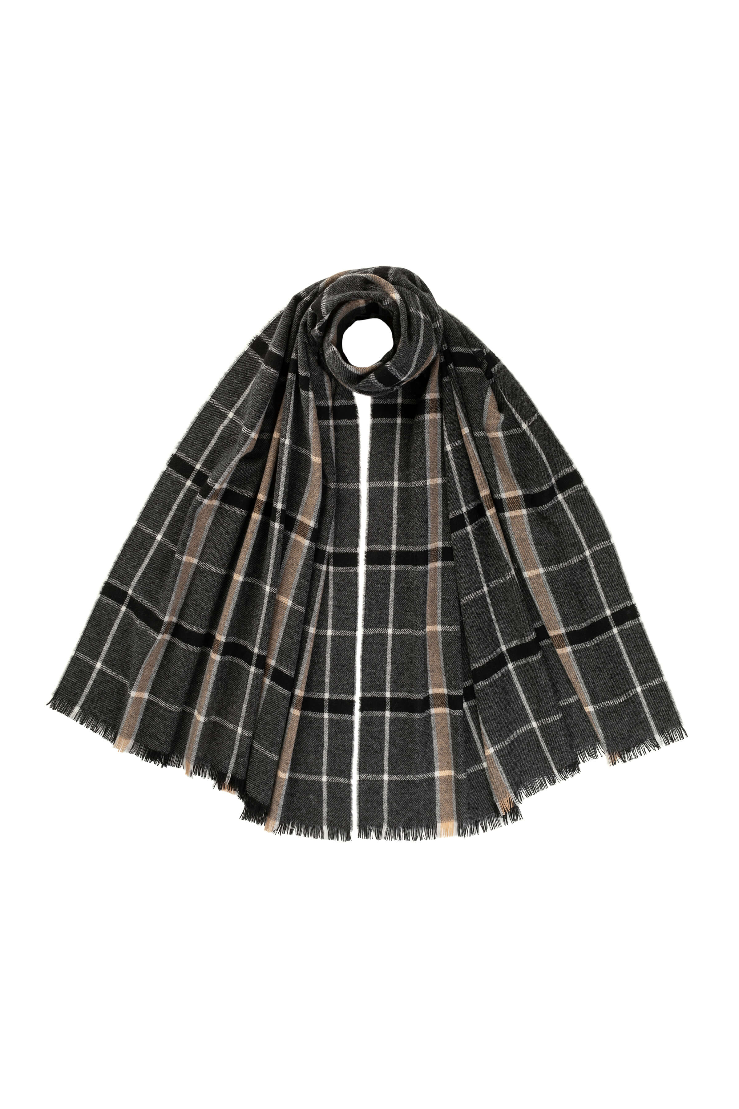 Madras Check Lightweight Cashmere Stole - Charcoal