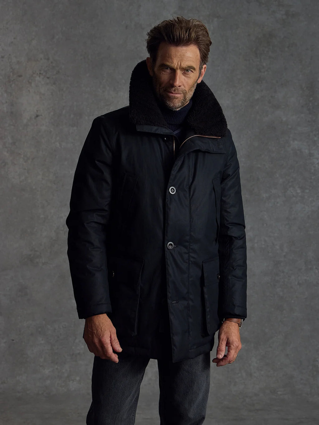 Black Shadow Parka by Private White V.C., stylish men's clothing with a sleek, tailored look and practical design features.