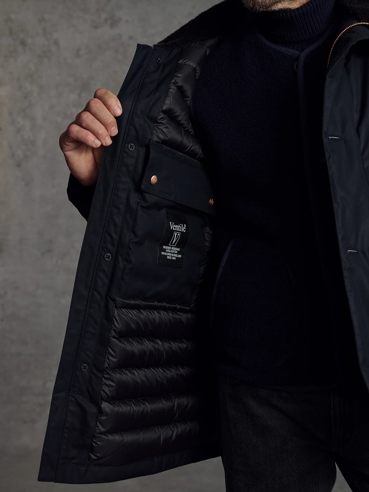 Black Shadow Parka by Private White V.C., a stylish men's clothing jacket with a sleek design and functional details.