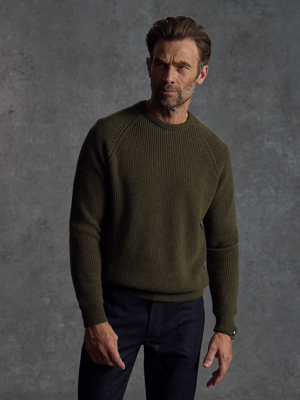 Private White V.C. Cashmere Crewneck in dark green, soft knit sweater with a classic crewneck design and ribbed cuffs.