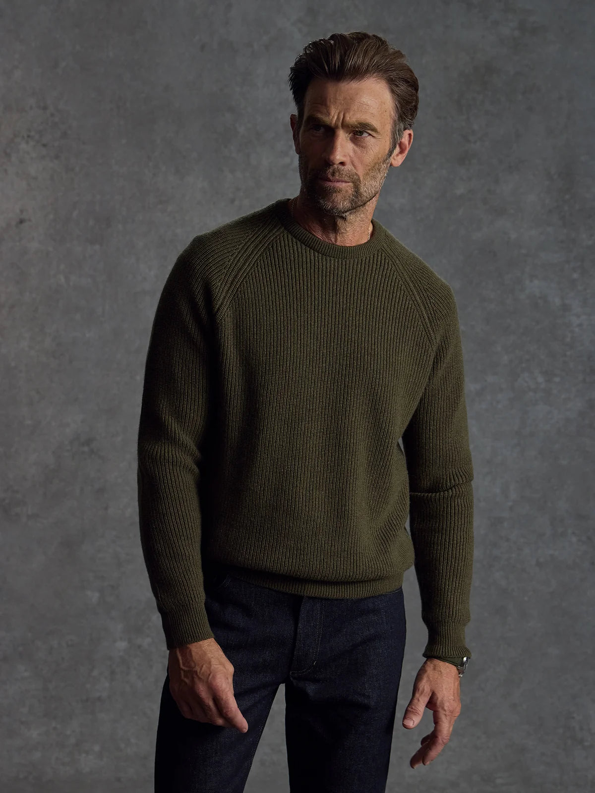 Private White V.C. Cashmere Crewneck in dark green, soft knit sweater with a classic crewneck design and ribbed cuffs.