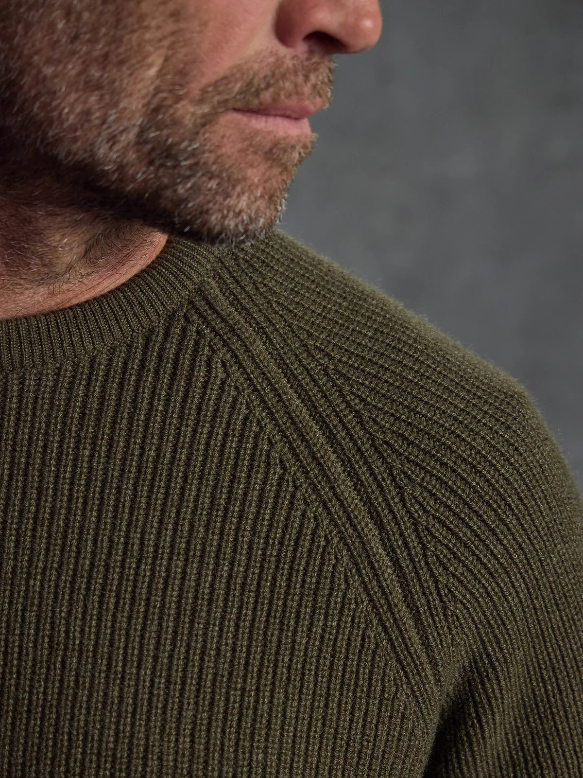 Private White V.C. Commando Cashmere Crewneck in dark green, soft and cozy men's clothing, front view with ribbed neckline.