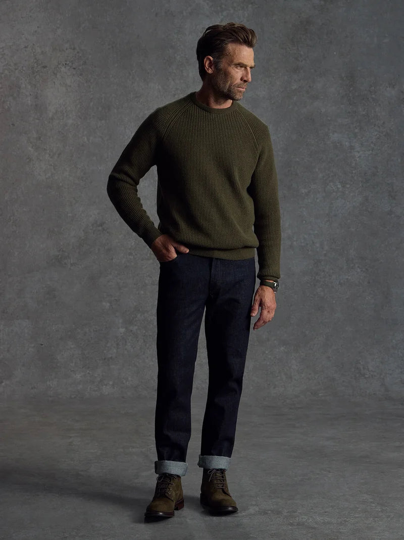 Private White V.C. Commando Cashmere Crewneck in dark green, soft and cozy men's clothing with a classic crewneck design.