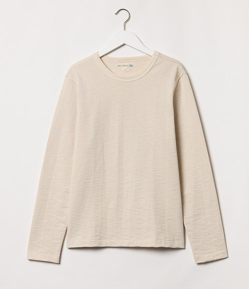 Heavy slub long sleeve shirt by Merz b Schwanen, showcasing textured fabric and classic fit in natural fabric detail.