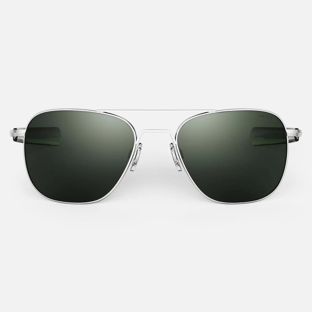 Randolph USA Aviator accessories with matte chrome finish and AGX details, featuring sleek metal frames and classic design.
