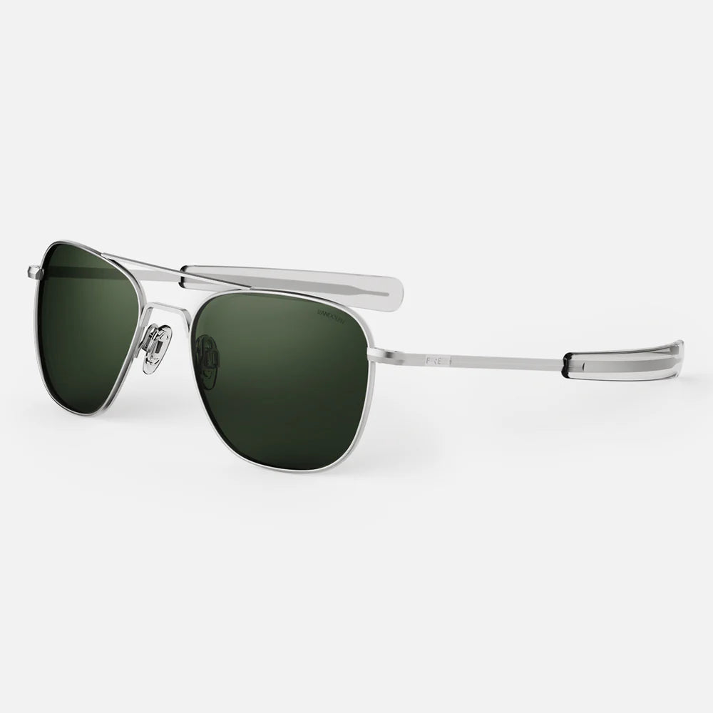 Close-up of Randolph USA Aviator accessories featuring matte chrome finish and AGX detailing, showcasing sleek, high-quality design.