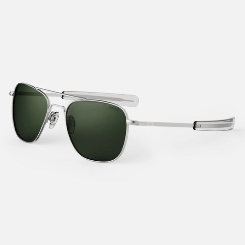 Close-up of Randolph USA Aviator accessories featuring matte chrome finish and AGX detailing, showcasing sleek, high-quality design.