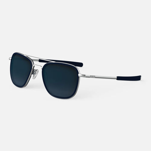 Randolph USA Aviator Fusion sunglasses with matte chrome finish, blue sapphire inlay, and slate polarized gradient nylon lenses.