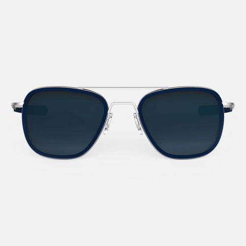 Randolph USA Aviator Fusion sunglasses with matte chrome frame, blue sapphire inlay, and slate polarized gradient nylon lenses.