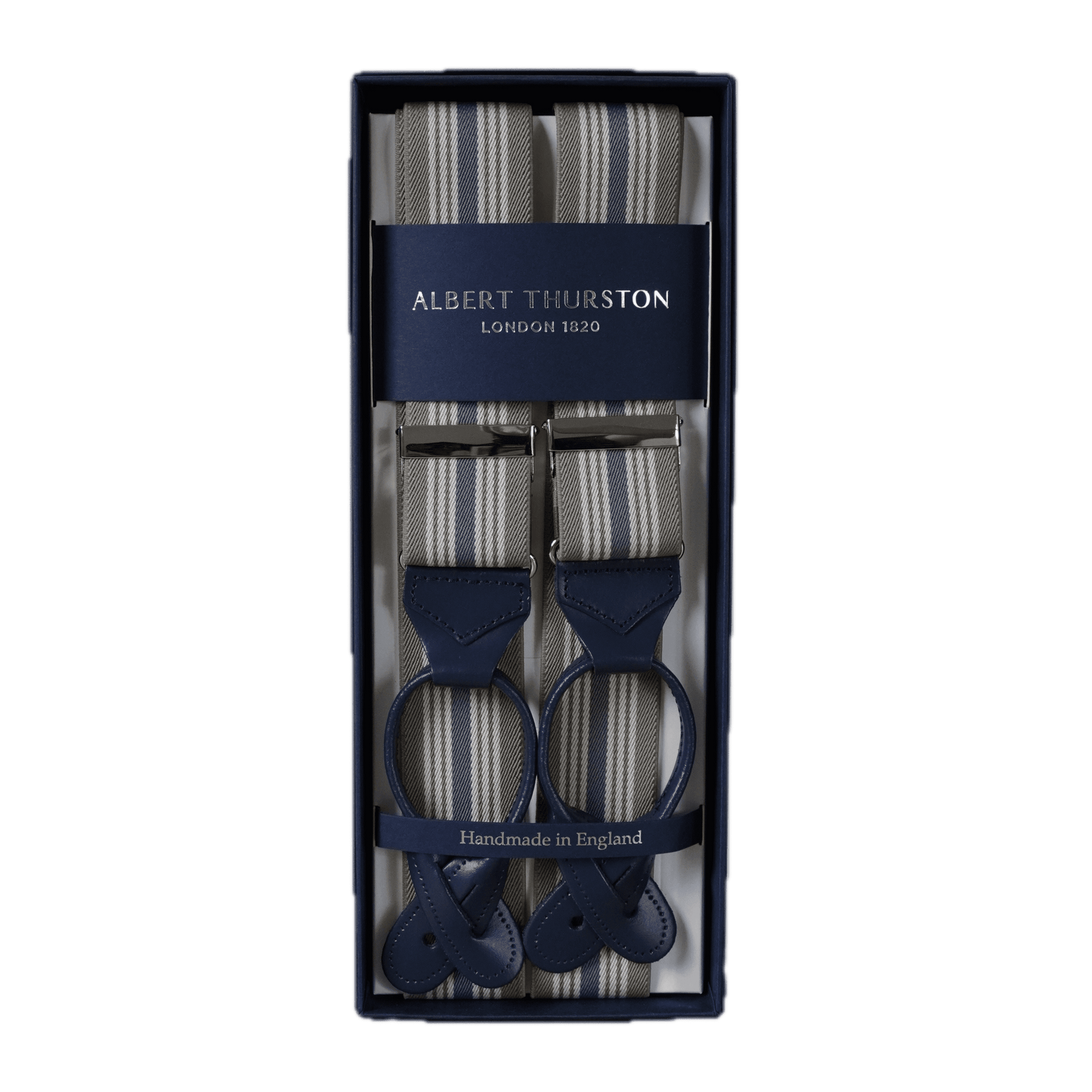 Elastic Braces - Beige Blue White Stripe / Navy Leather / Silver