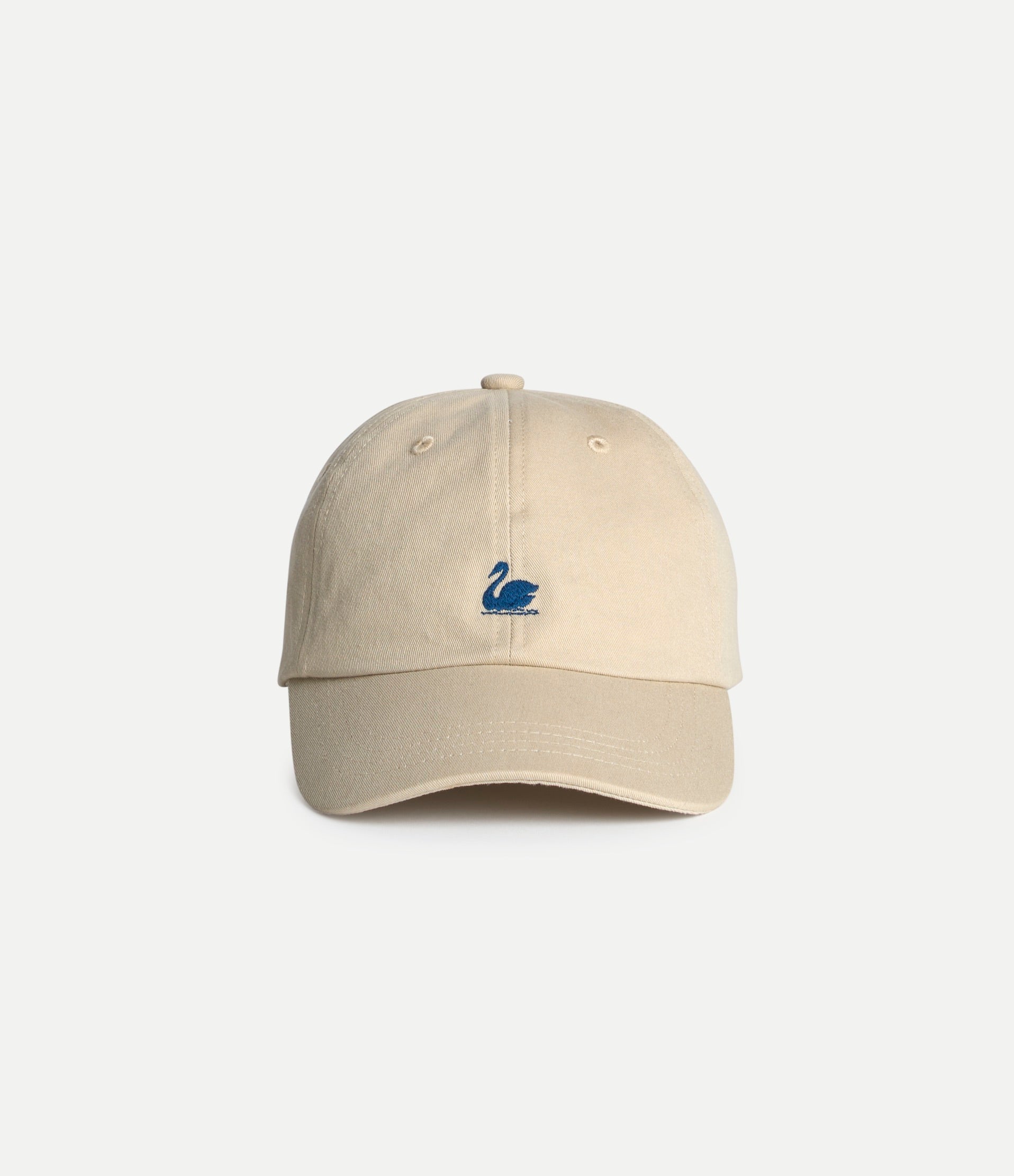 Khaki cotton twill cap with Swan logo embroidery by Merz b Schwanen, showcasing adjustable strap and classic accessory style.