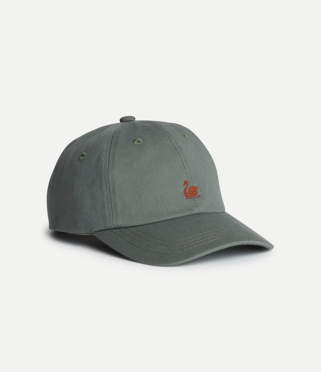 Light army cotton twill cap with Swan logo by Merz b Schwanen, featuring a classic baseball cap style and adjustable strap.