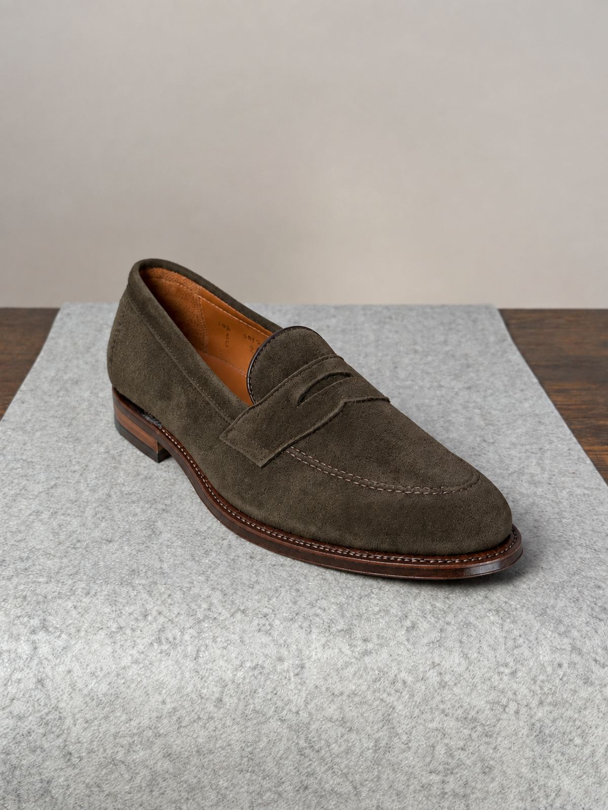 Alden x OHP Copley penny loafer in loden suede footwear, side view