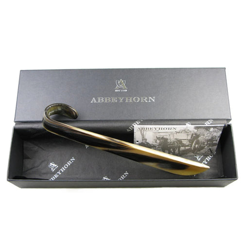 Abbeyhorn 8-inch curved shoehorn with hook end, handcrafted accessory for easy shoe wearing, made from natural horn.