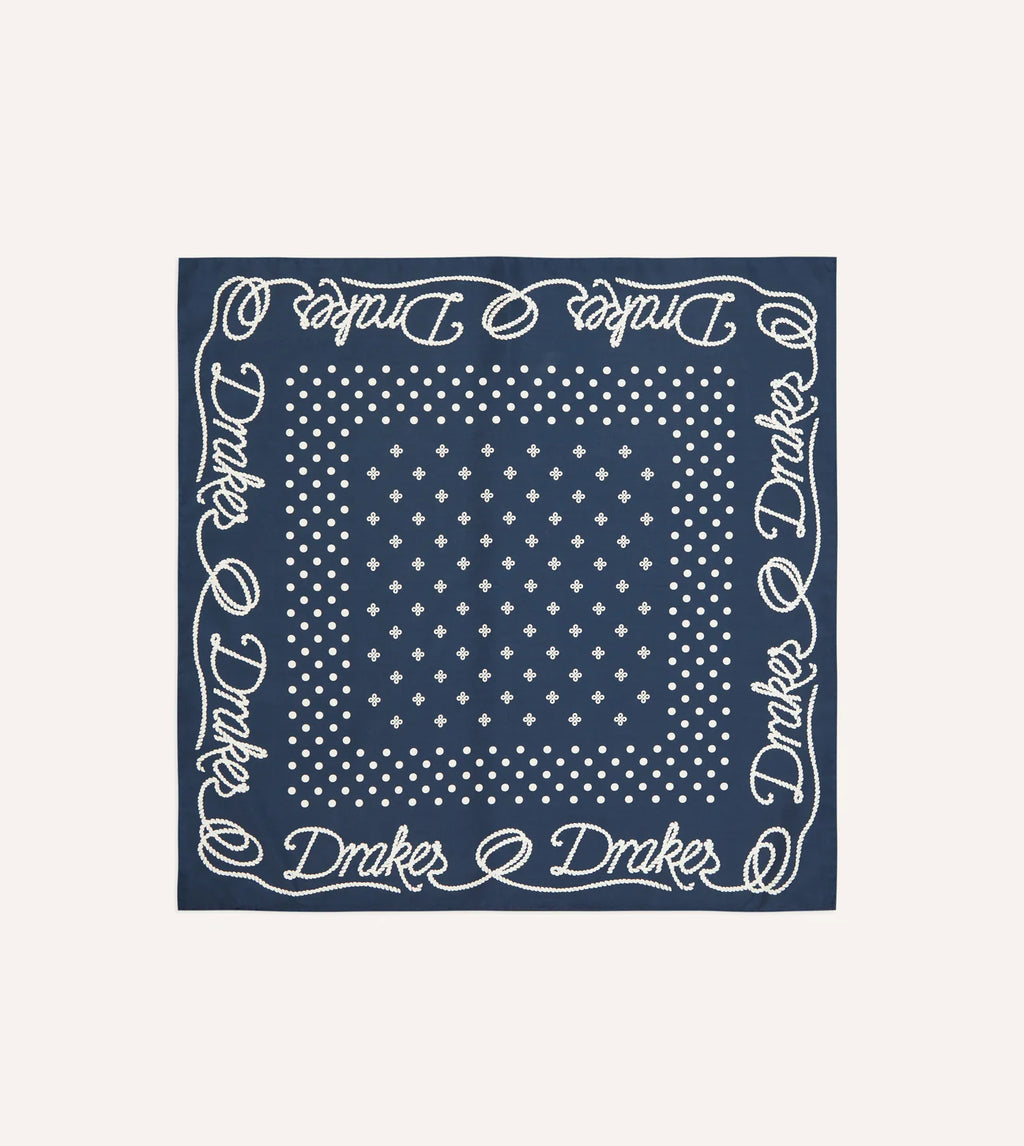 Rope Border Printed Silk Bandana - Navy