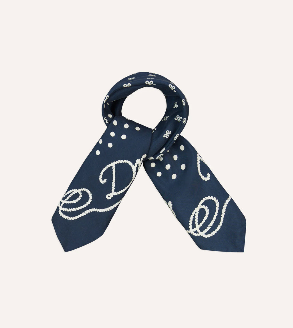 Rope Border Printed Silk Bandana - Navy