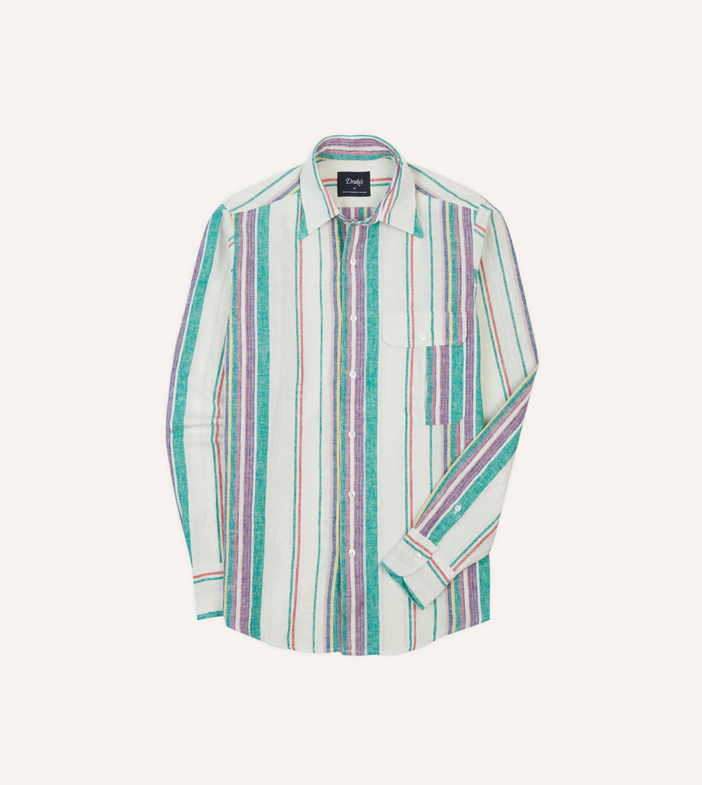 Cotton-Linen Long Point Collar Shirt - Ecru/Purple/Green