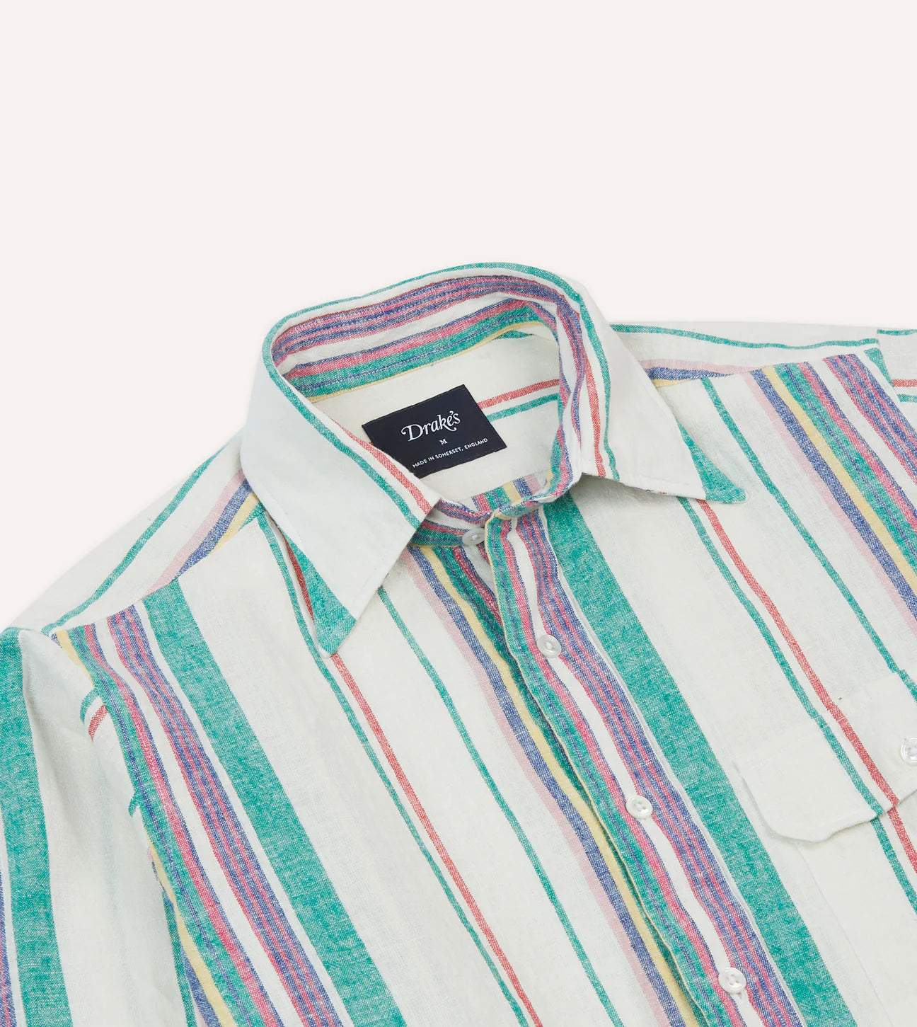 Cotton-Linen Long Point Collar Shirt - Ecru/Purple/Green
