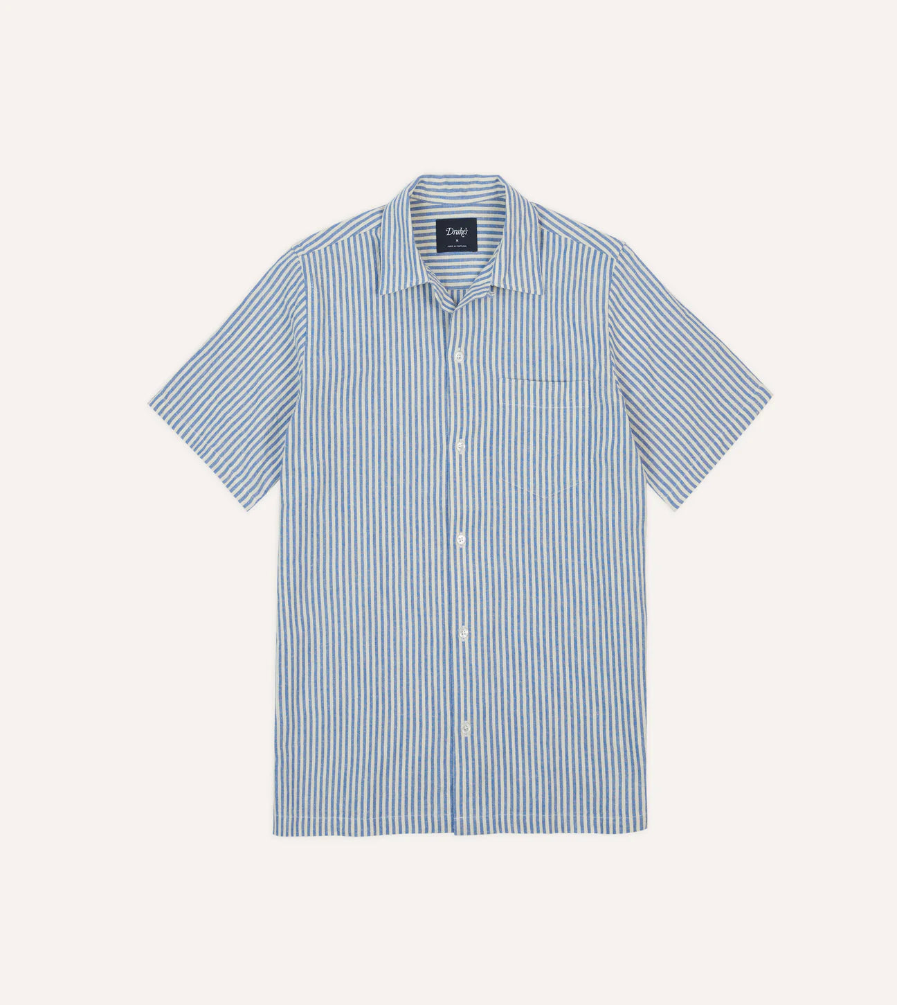 Cotton-Linen Camp Collar Shirt - Blue & White Stripe