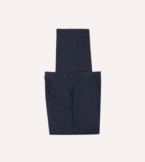 Navy Antique Linen Games Trouser by Drake's, tailored men's clothing with a classic, textured linen fabric and relaxed fit.