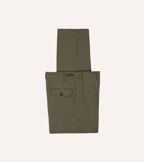 Antique Linen Games Trousers in olive by Drake's, natural relaxed fit clothing with a tailored waistband and fabric texture.