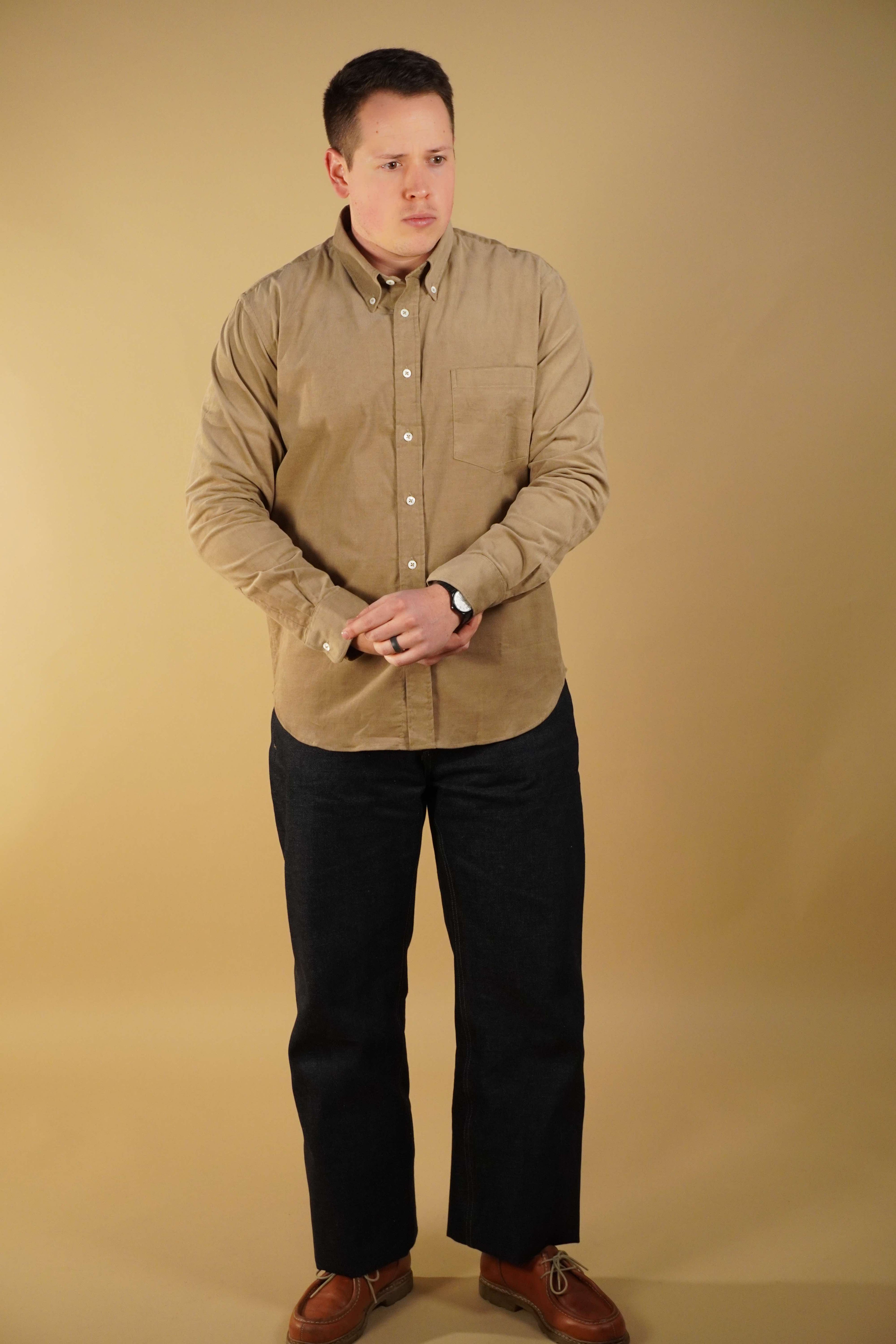 Cotton Needlecord Button Down Shirt - Beige