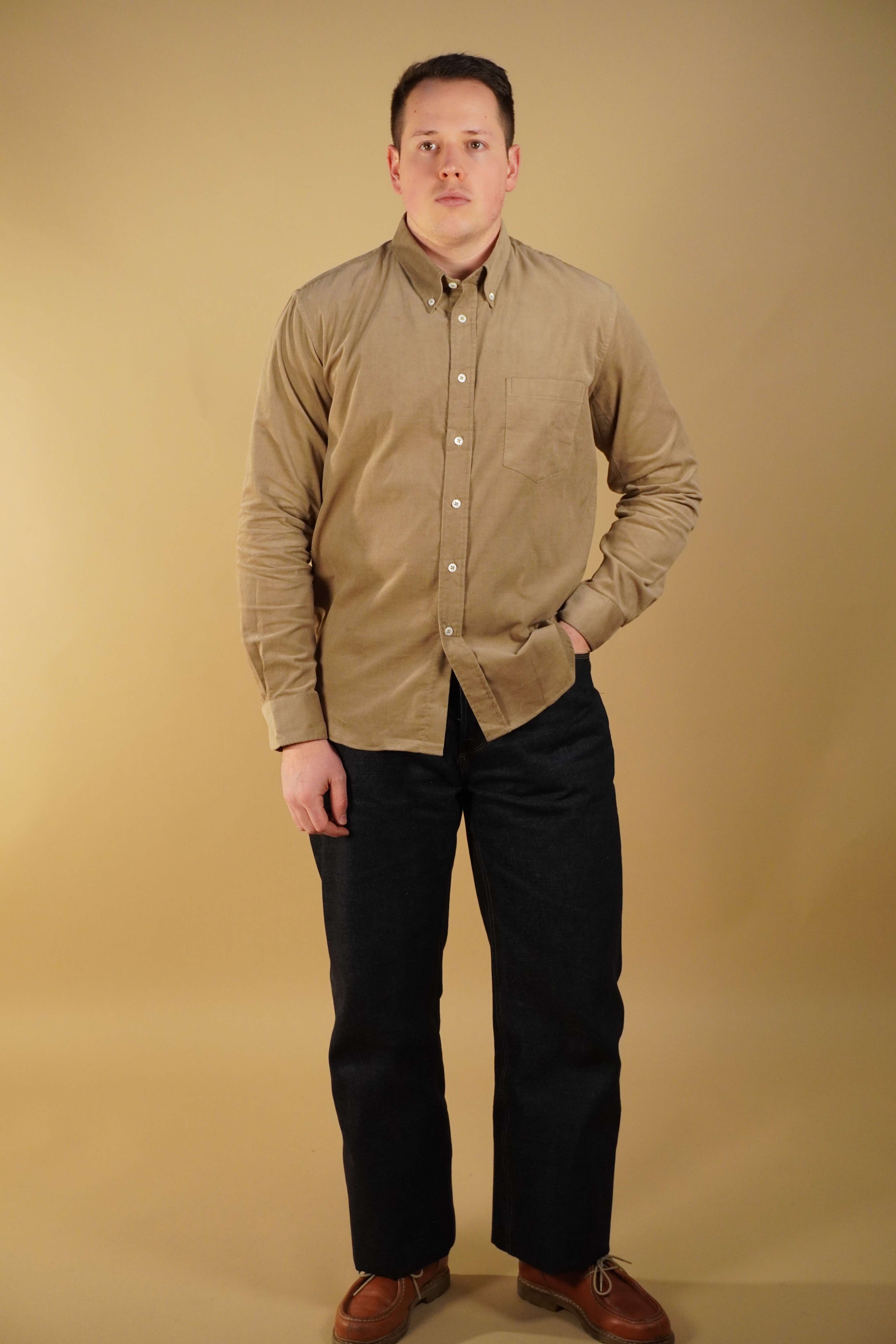 Cotton Needlecord Button Down Shirt - Beige