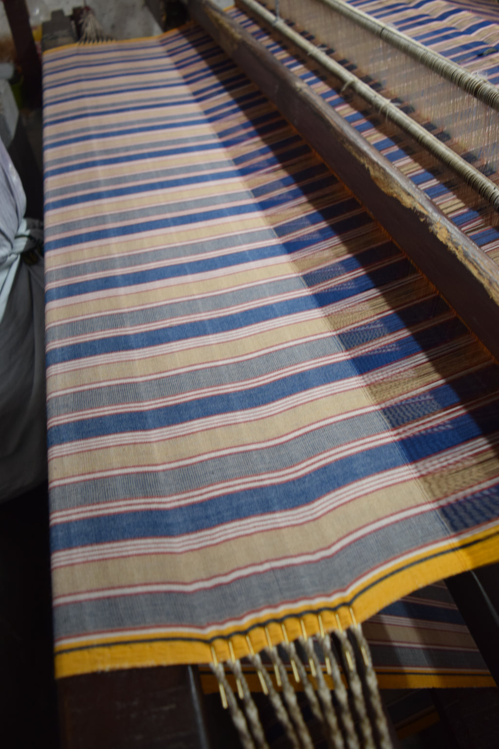 Button Up Shirt - Raw Organic Tan/Blue Stripe