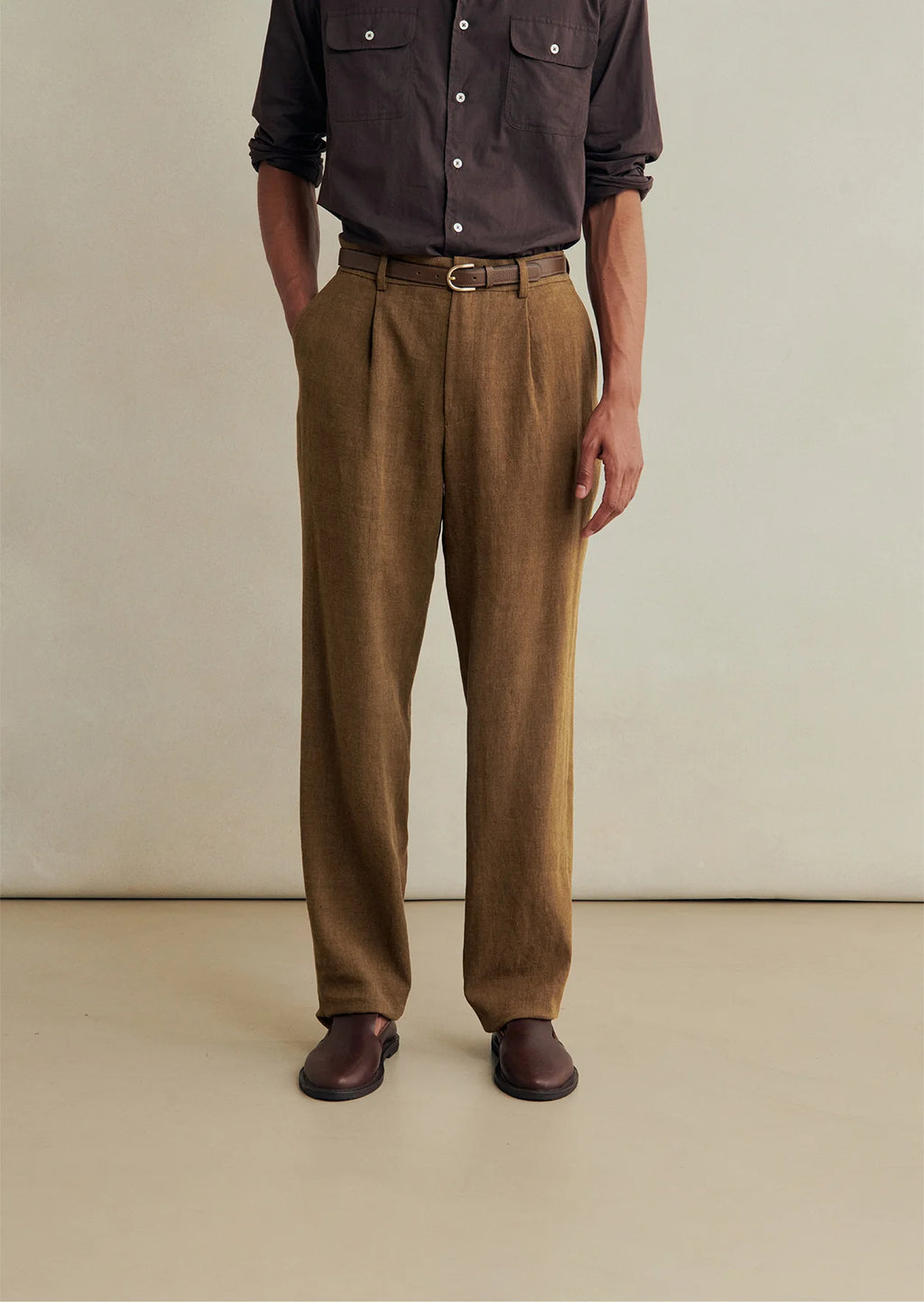 Belgian Wool Linen One Pleat Trousers - Cinnamon
