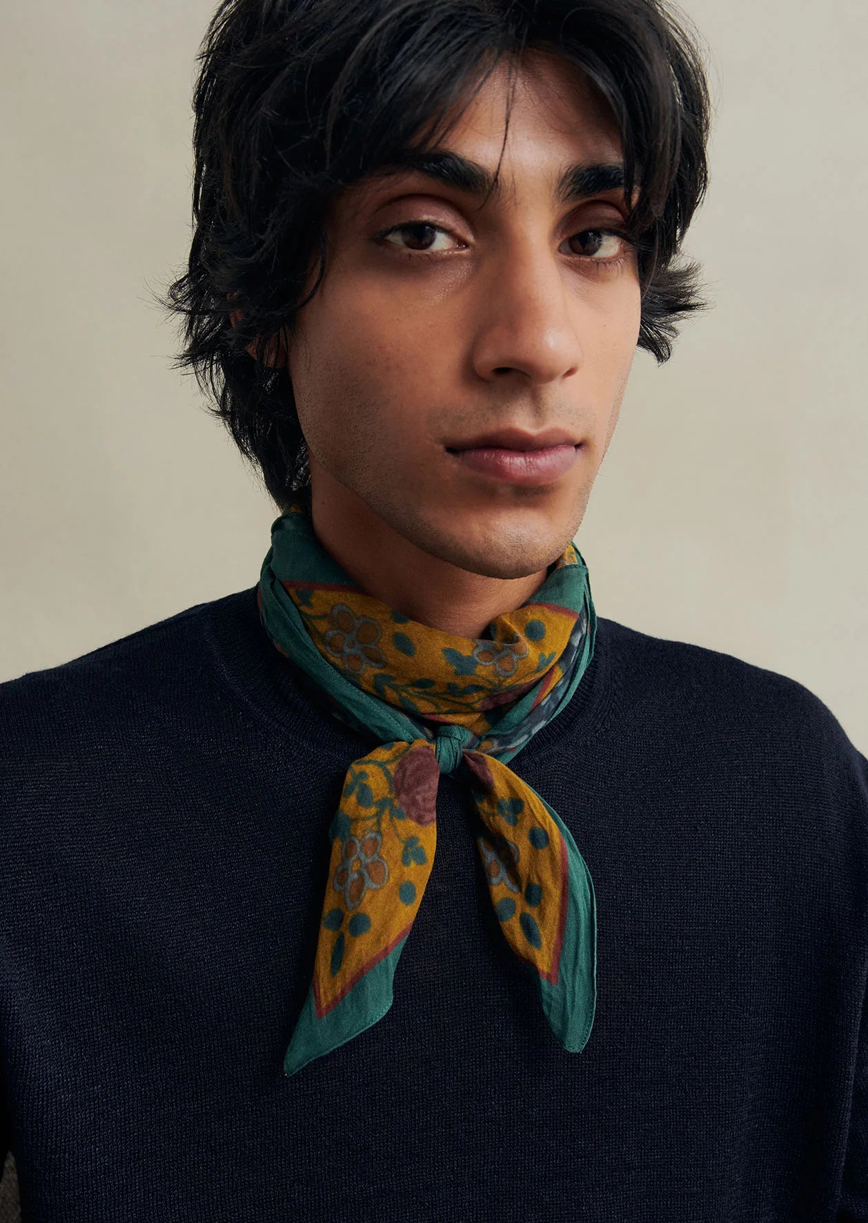 Green cotton voile Ispahan Folk Pattern bandana by De Bonne Facture, featuring intricate traditional designs in accessories.