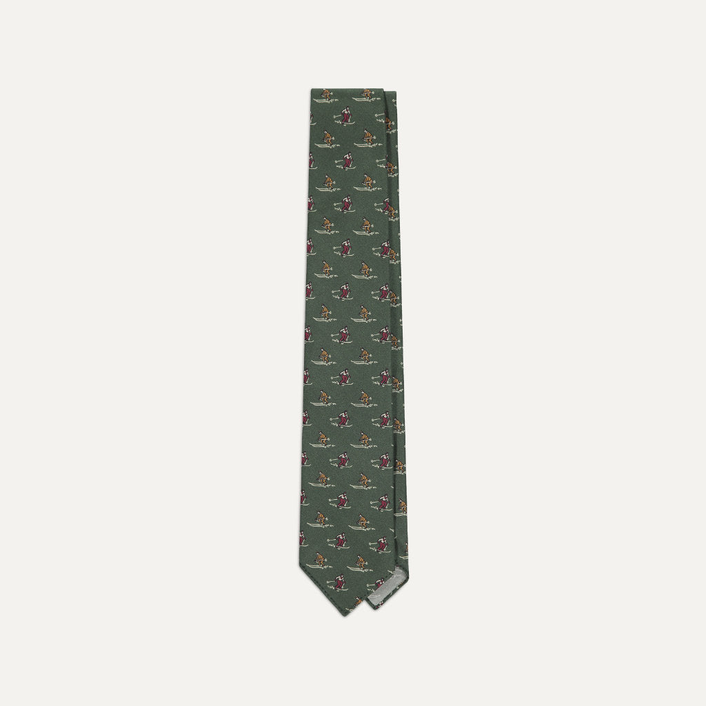 Skier Print Silk Poplin Tie; Green