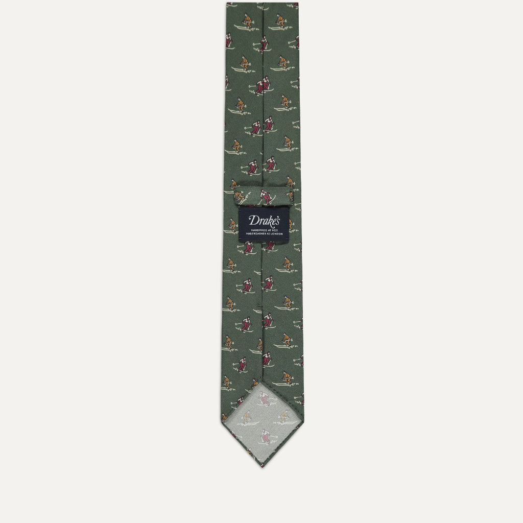 Skier Print Silk Poplin Tie; Green