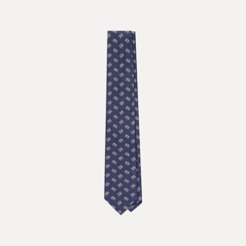 Oblong Tile Print Silk Tie, Blue & Yellow