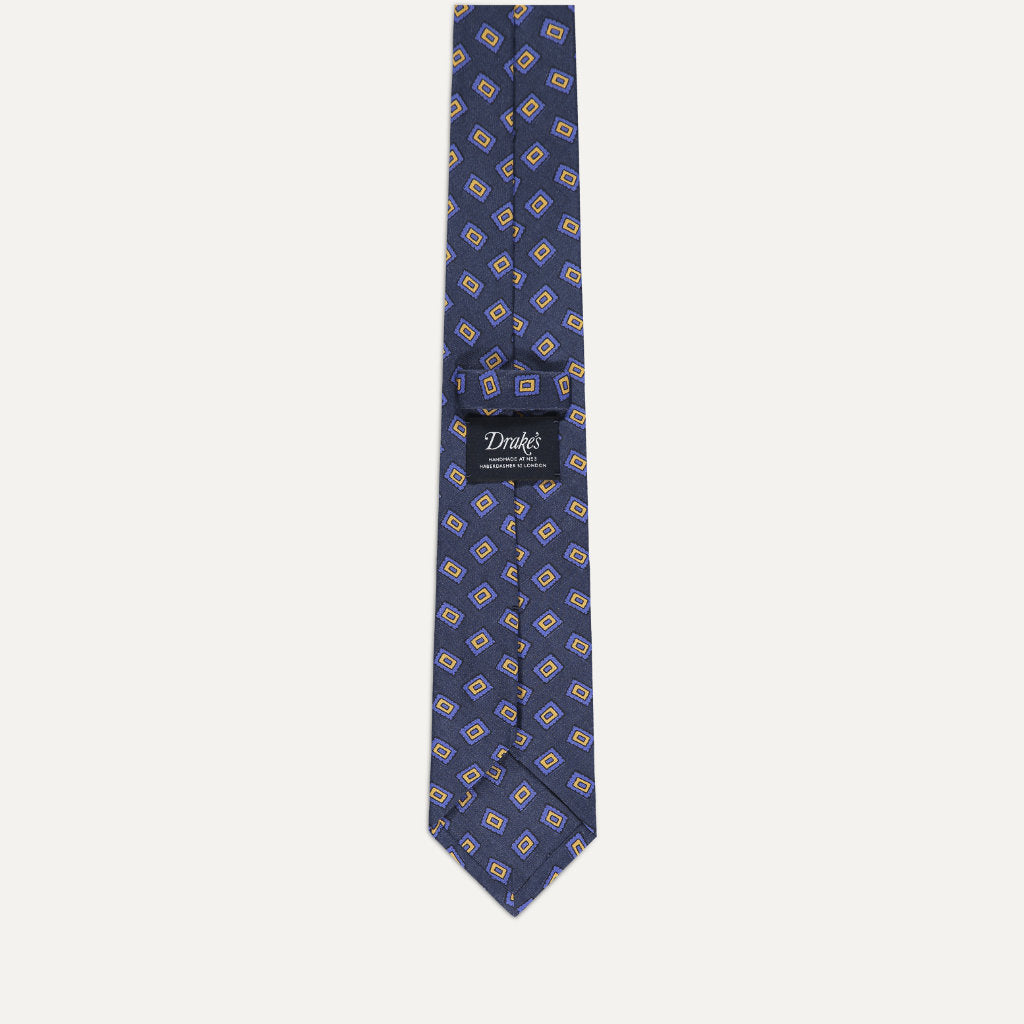 Oblong Tile Print Silk Tie, Blue & Yellow