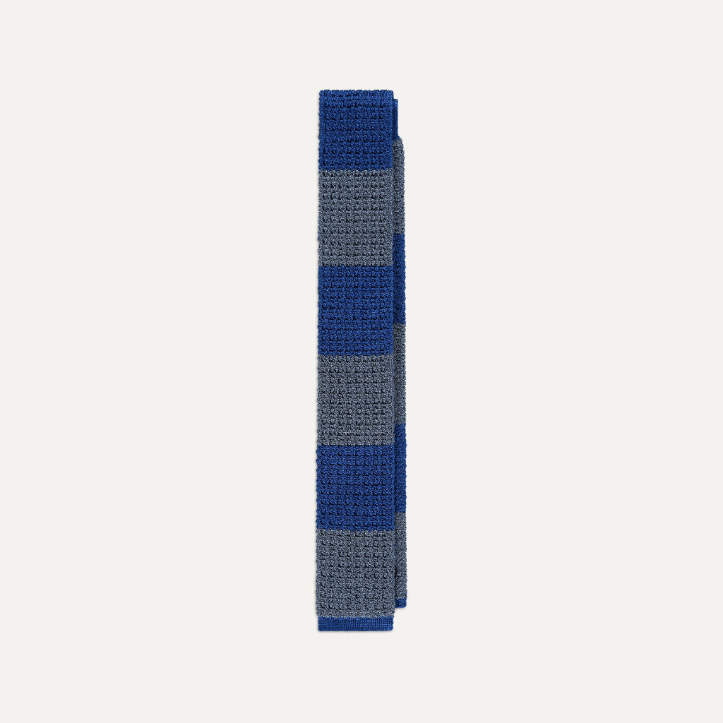 Block Stripe Silk Knitted Tie; Blue & Gray