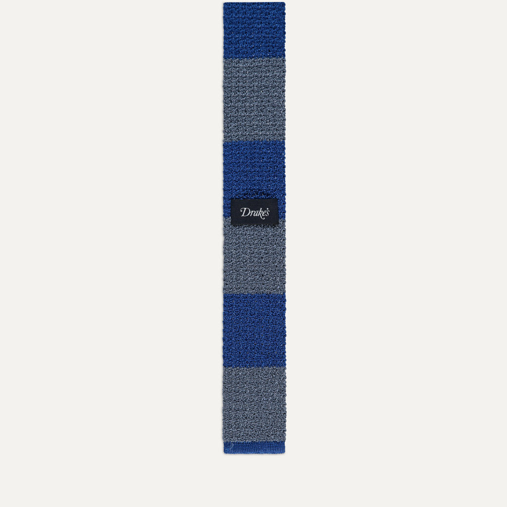 Block Stripe Silk Knitted Tie; Blue & Gray