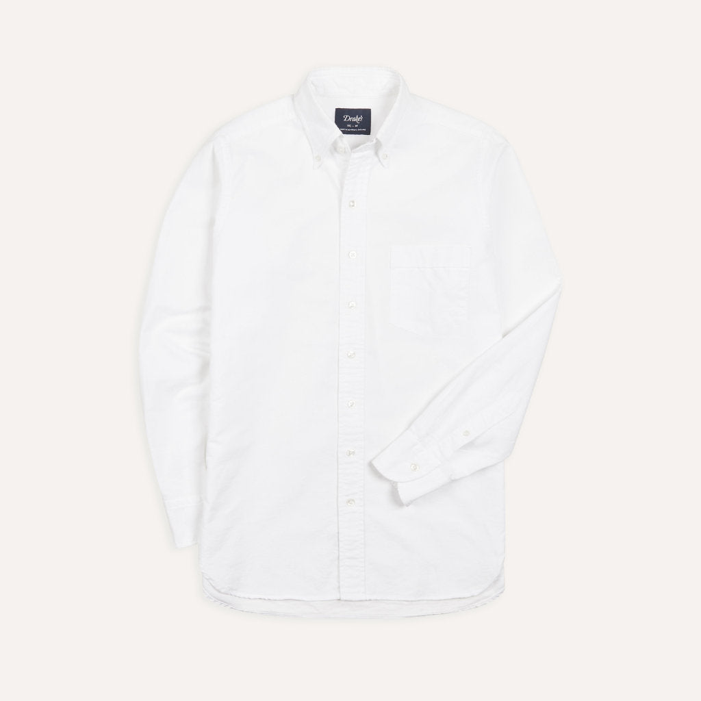Drake's Button Down Oxford Shirt; White 14.5