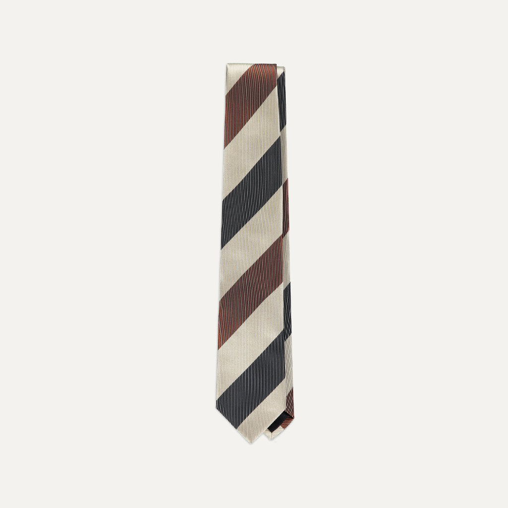 Broad Stripe Silk Tie; Navy, White, & Brown