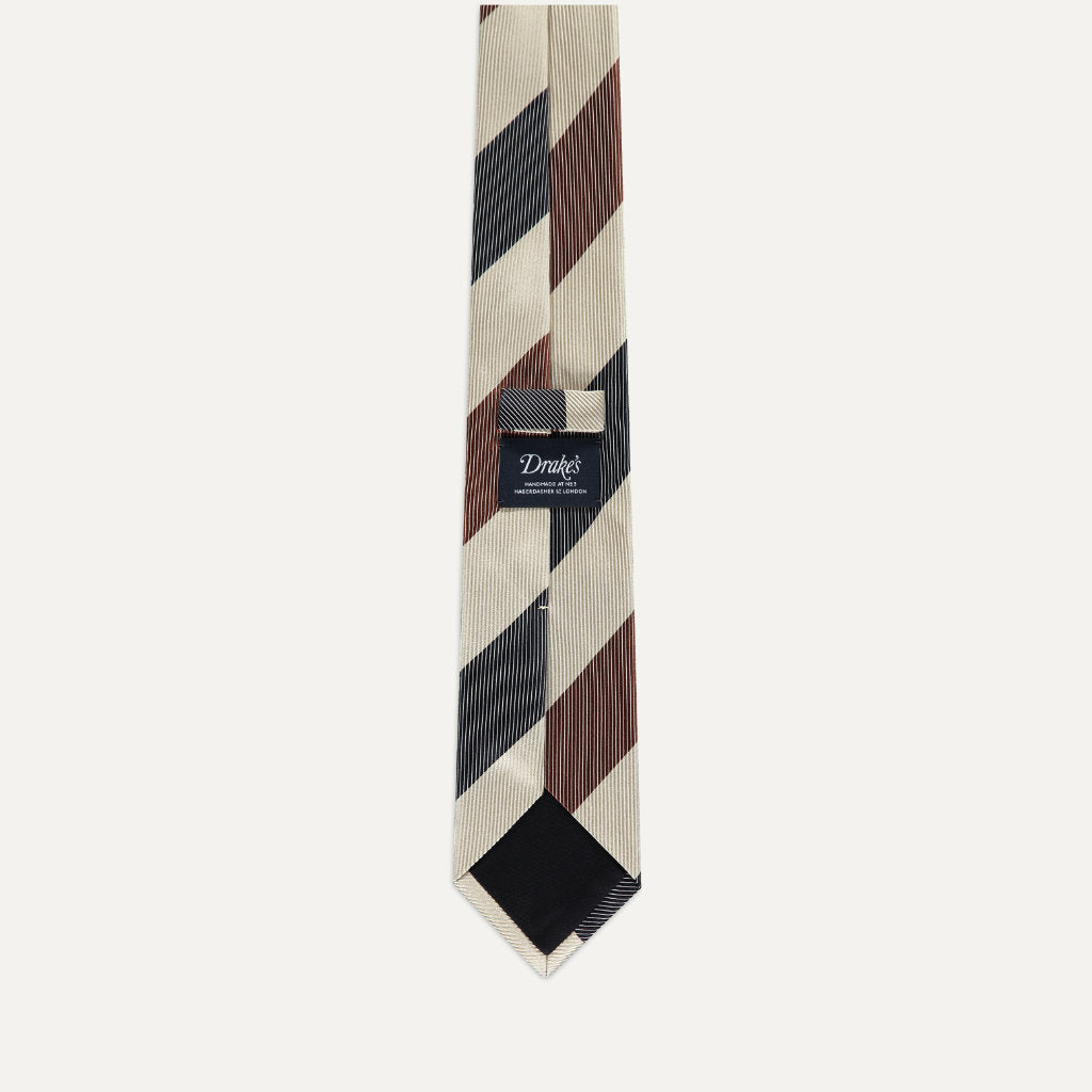 Broad Stripe Silk Tie; Navy, White, & Brown