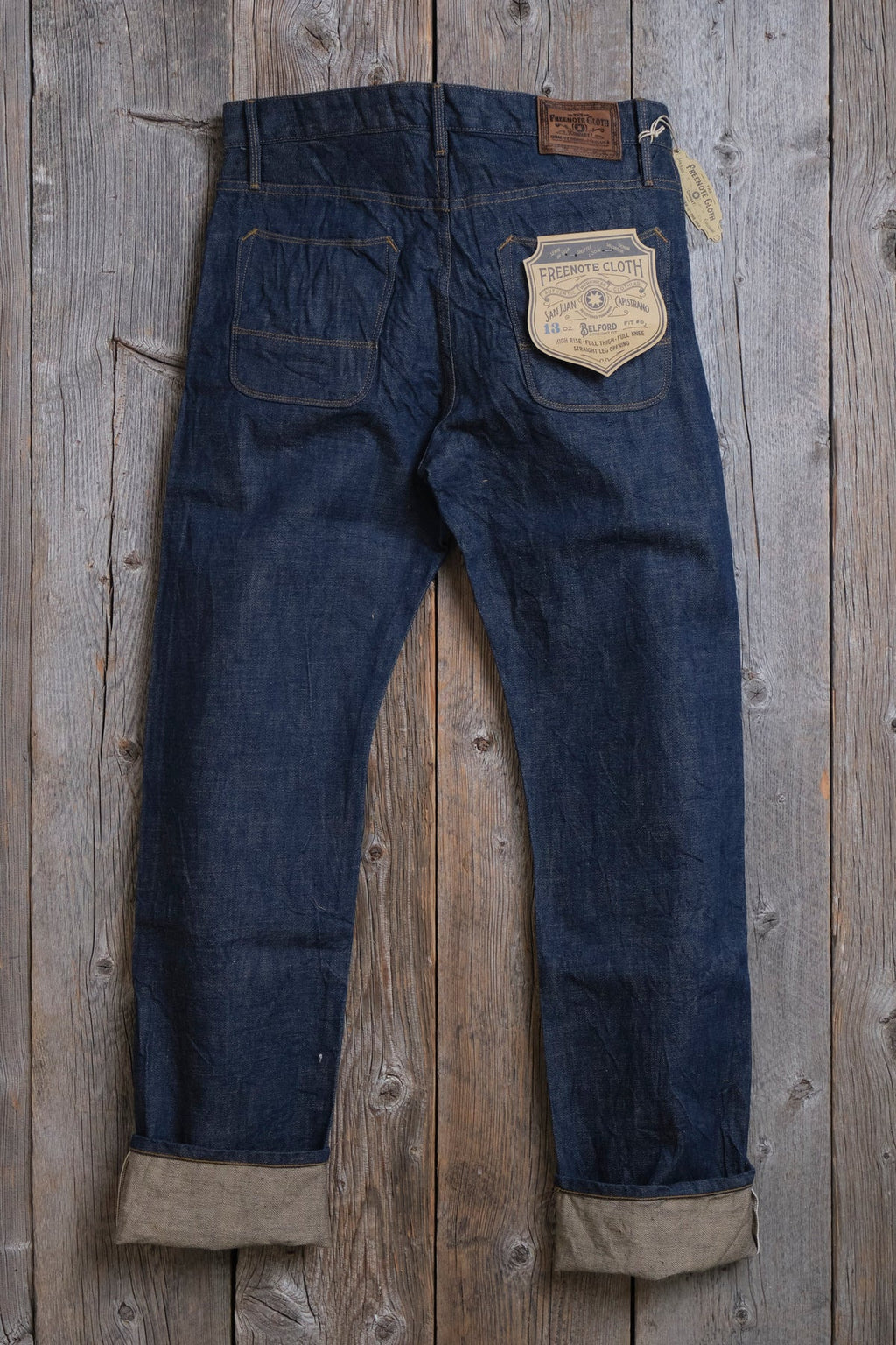 Freenote Belford straight 13 oz rinsed denim jeans, slim fit, classic five-pocket design, denim fabric, shown on a model.