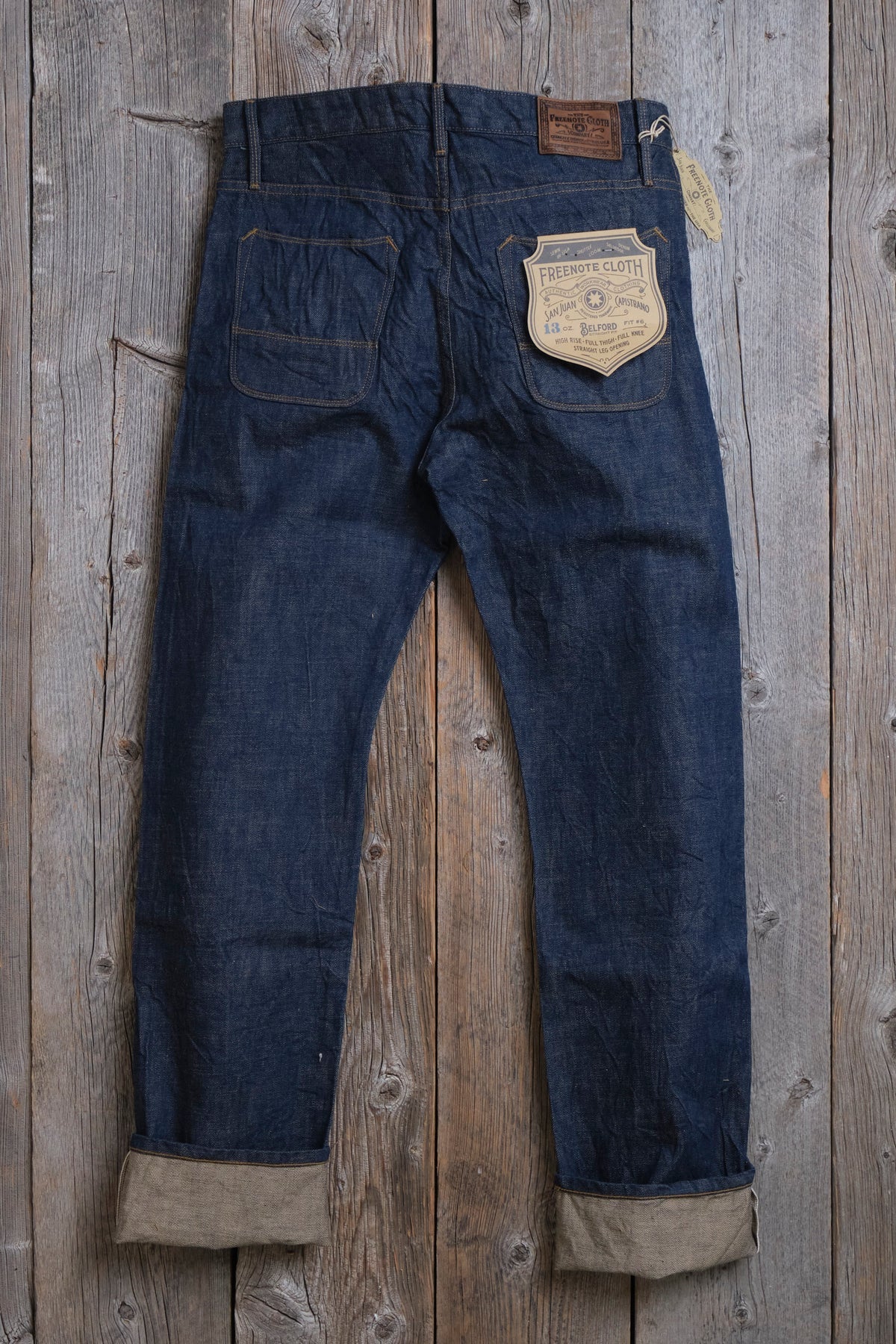 Freenote Belford straight 13 oz rinsed denim jeans, slim fit, classic five-pocket design, denim fabric, shown on a model.