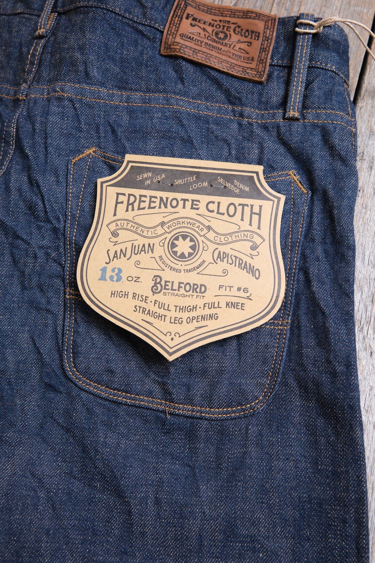 Freenote Belford Straight 13 oz rinsed denim jeans displaying classic straight-leg fit and dark indigo wash.