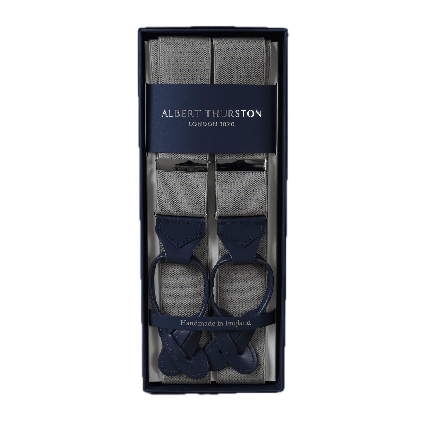 Elastic Braces - Gray with Blue Dots / Navy Leather / Silver