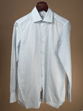 Blue Bengal Stripe cotton and linen shirt by 100Hands, showing a close-up of the stylish, breathable fabric and classic collar.