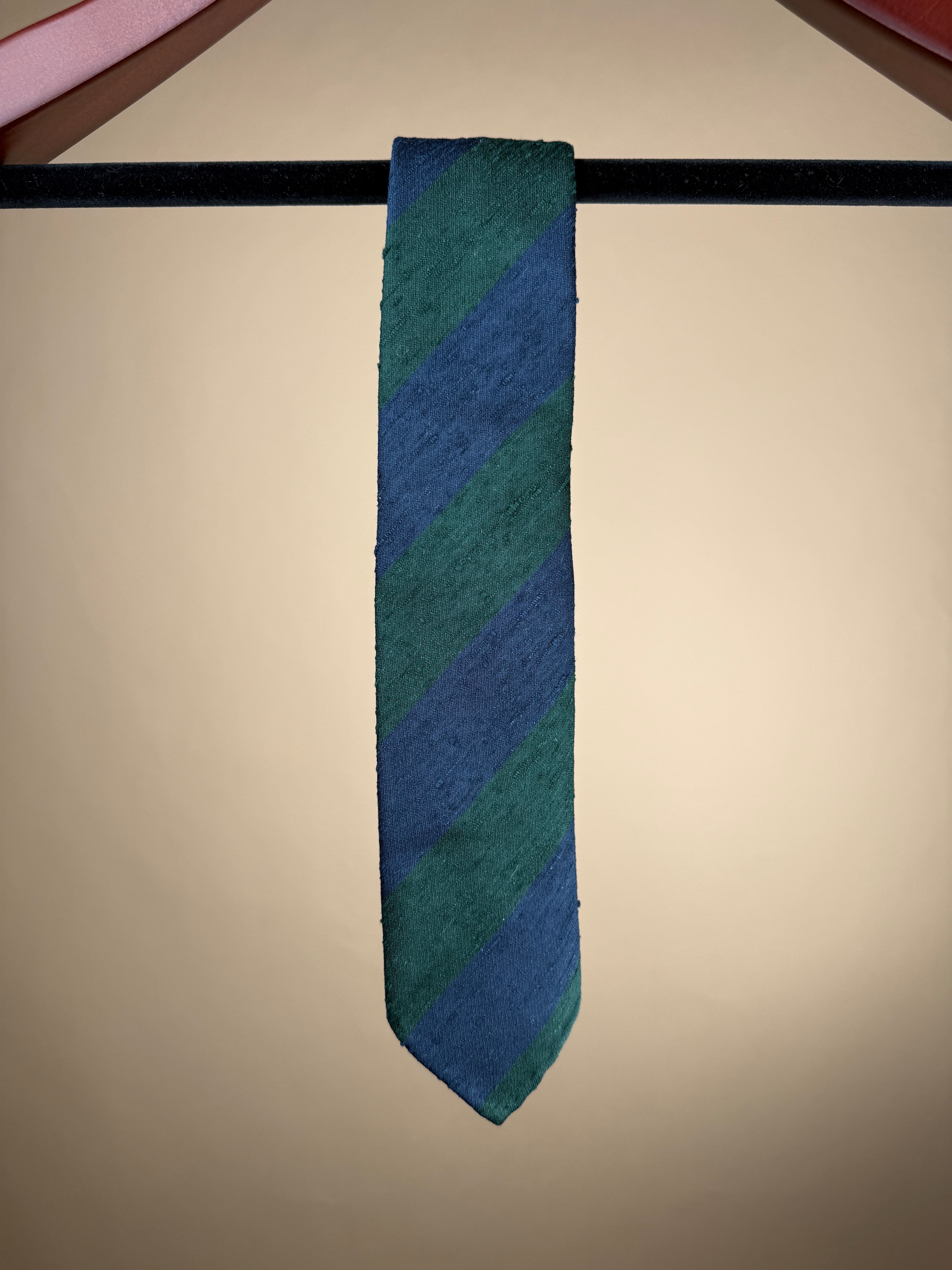 Wide Stripe Untipped Shantung Silk Tie - Blue/Green