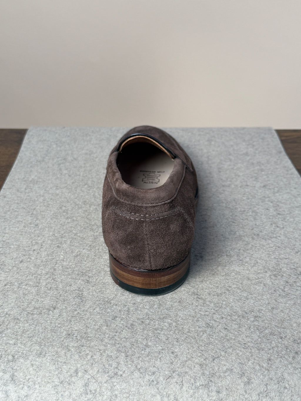 Alden Copley Penny Loafer in dark brown suede, men's footwear, showcasing classic slip-on design with detailed stitching and smooth suede finish.