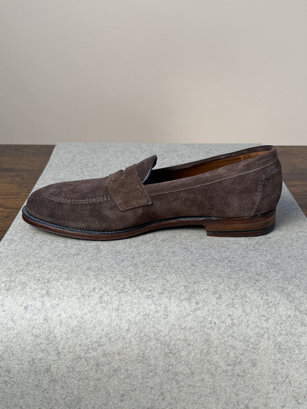 Alden Copley Penny Loafer in dark brown suede, stylish men's footwear with classic slip-on design and polished leather detailing.