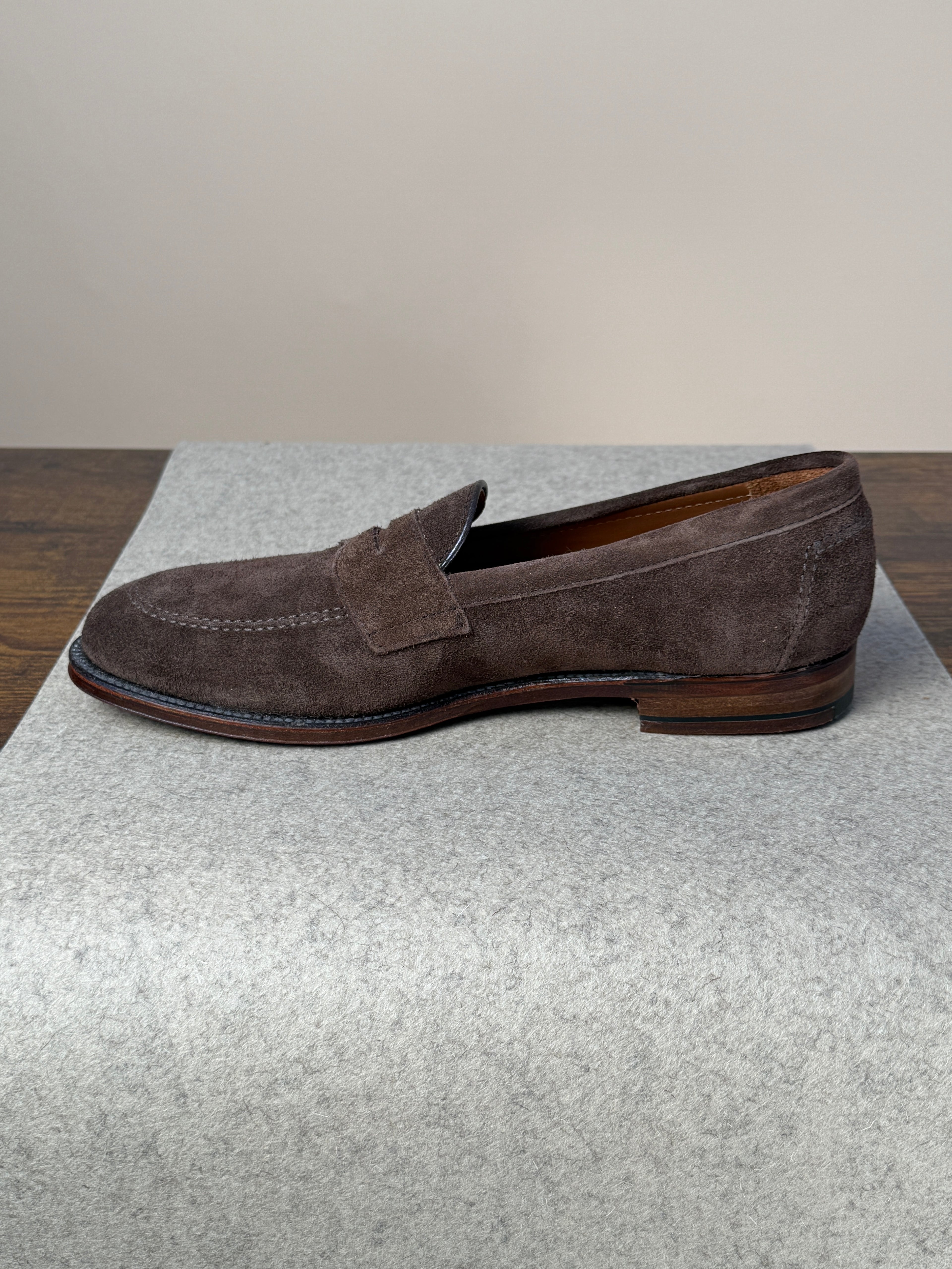 Alden Copley Penny Loafer in dark brown suede, stylish men's footwear with classic slip-on design and polished leather detailing.