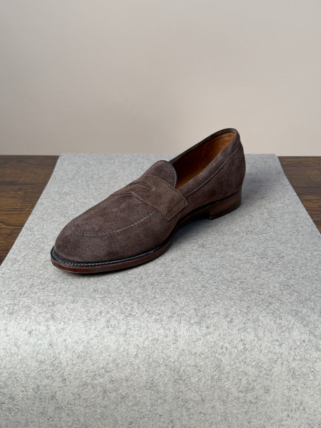Alden Copley Penny Loafer in dark brown suede, stylish men's footwear with classic penny strap and sleek design.