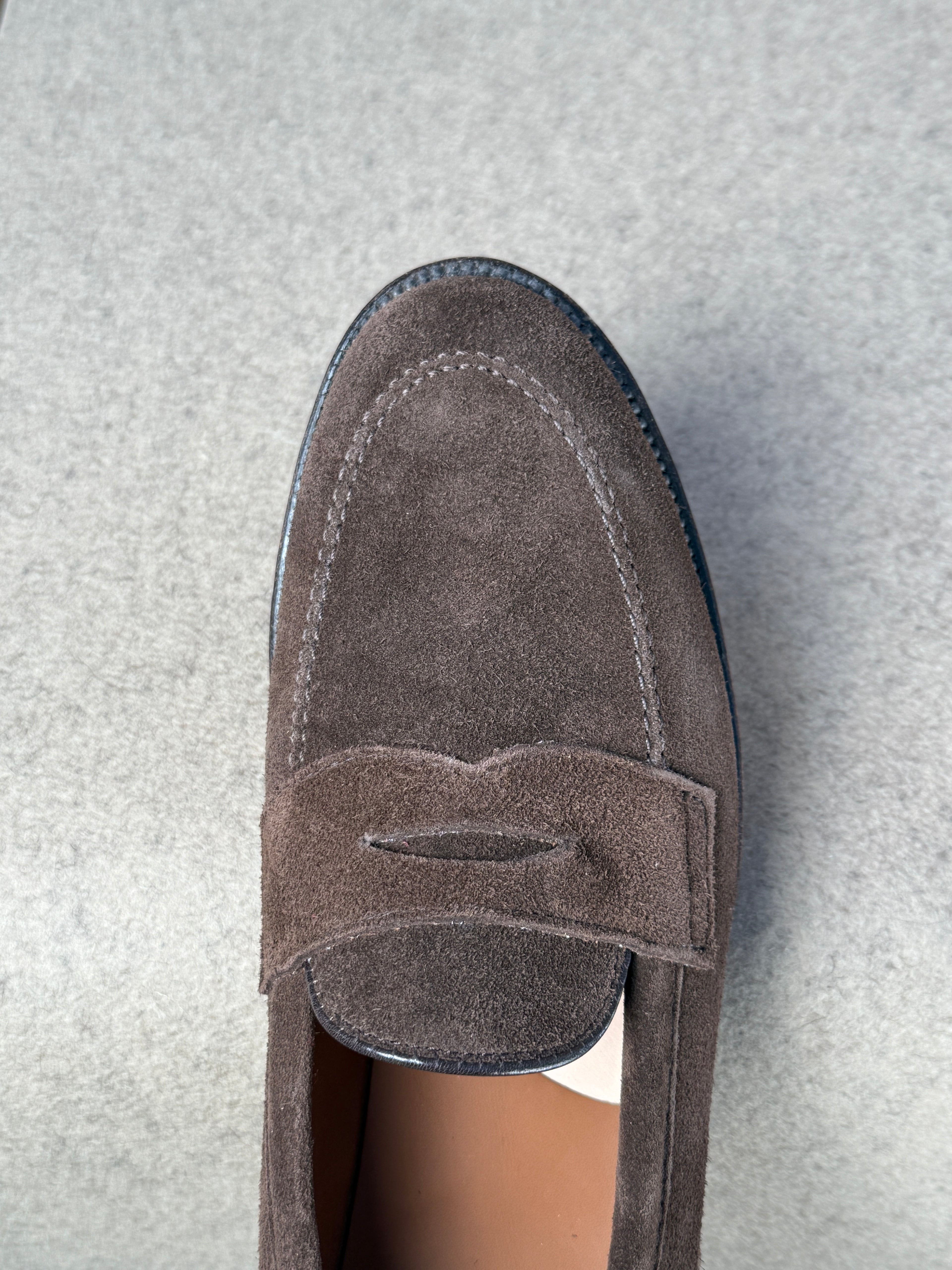 Alden Copley Penny Loafer in dark brown suede, casual men's footwear with classic penny strap and sleek design.